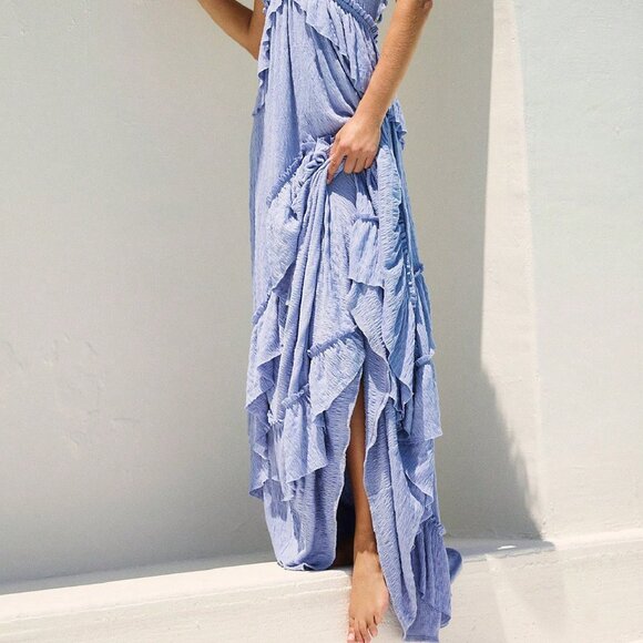 Blue Boho Women's Sexy Long Flowy Midi Beach Dress - Picture 3 of 4